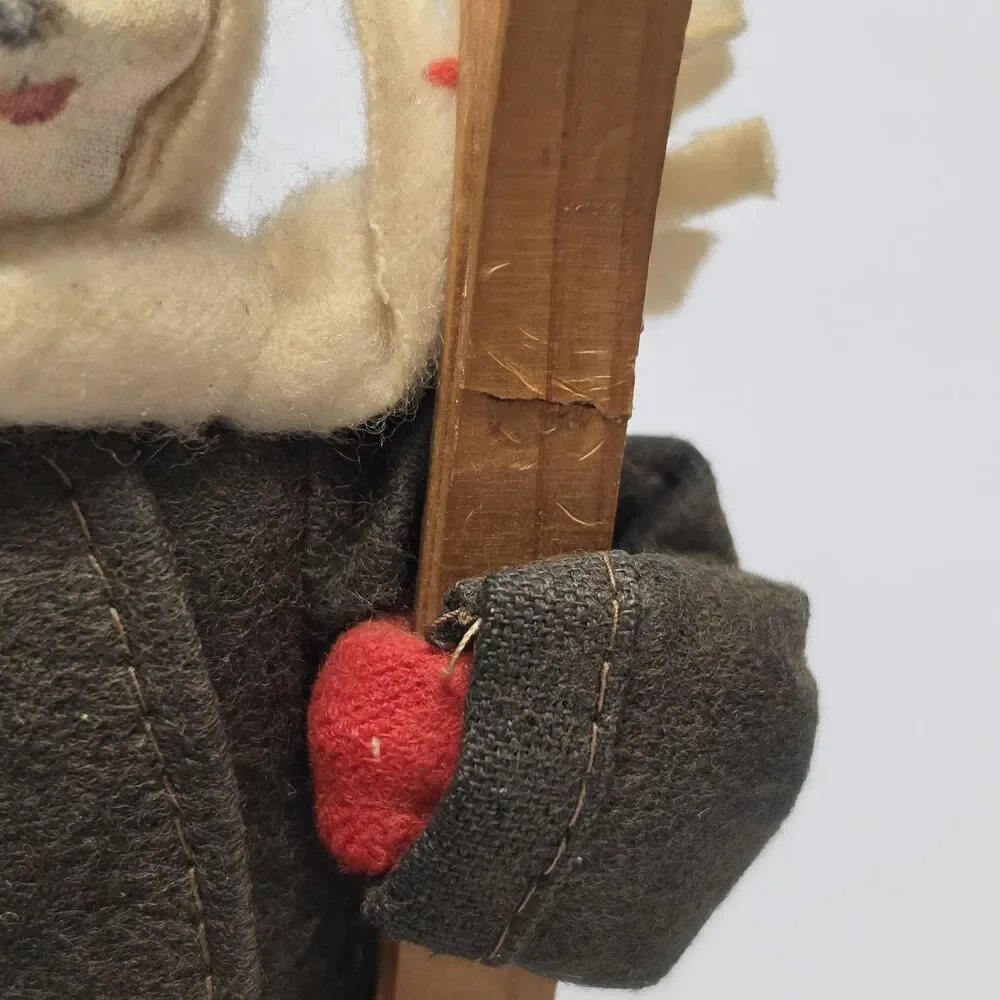 Vintage MCM Roldan Klumpe Spain Skier Felt Cloth Doll Wood Skis & Poles AS IS